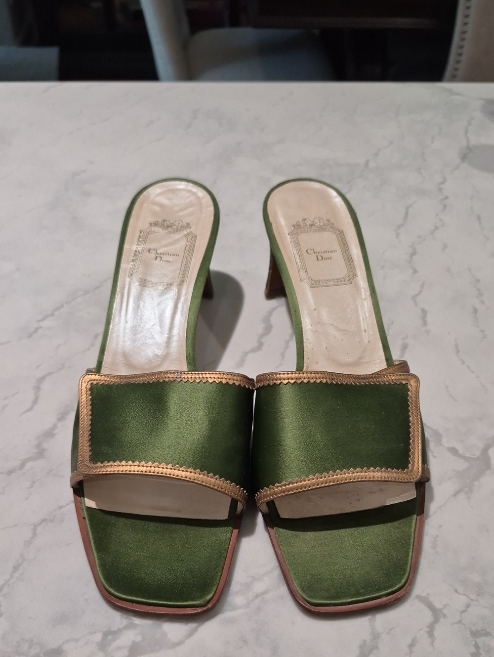 Christian Dior Green Silk Mules with Gold Trim
